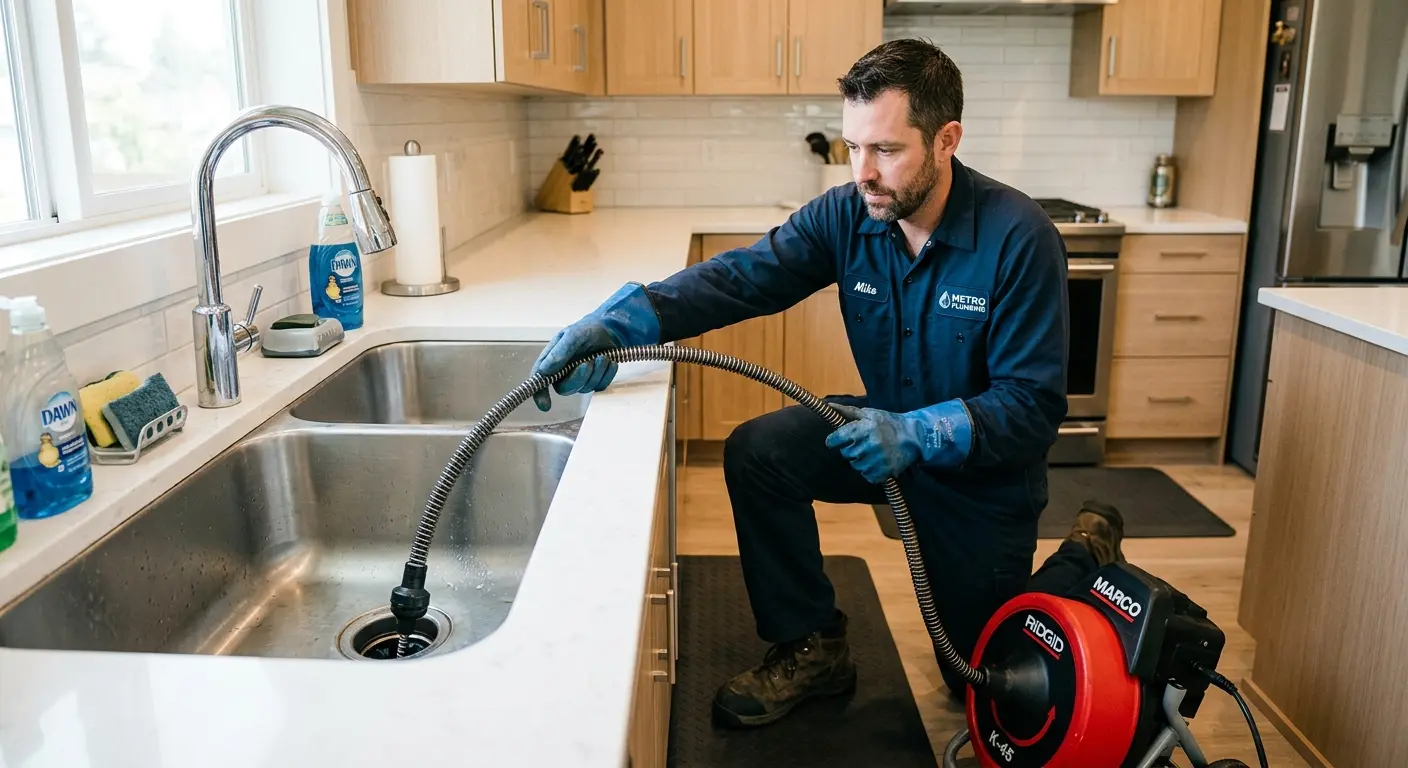 Drain cleaning technician using a motorized snake on a kitchen sink in York